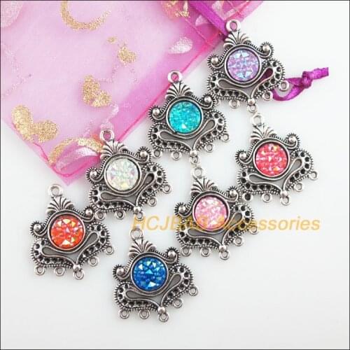 7 New Heart Charms Tibetan Silver Tone Retro Mixed Round Resin Connectors 26x31mm