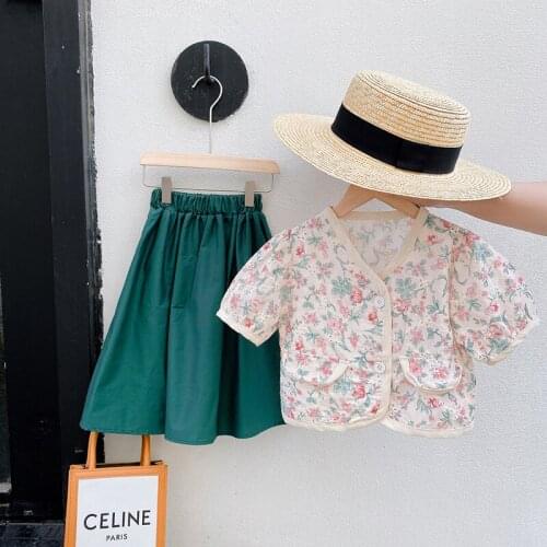Summer Kids Fashion Outfits Set Flower Embroidery Blouse&green Skirt Two Piece Toddler Girl Fall Clothes 2021 Fashion Clothes