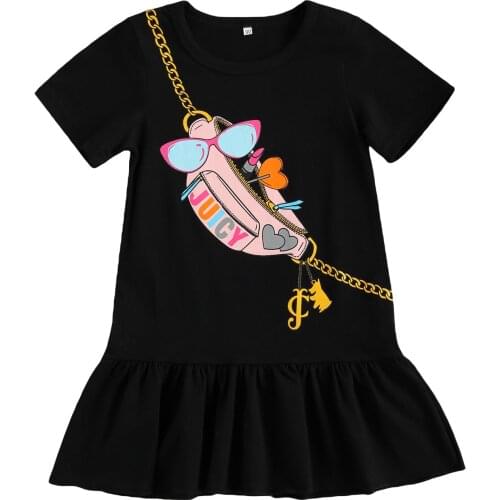 FOCUSNORM Summer Casual Kids Girls Dress Pattern Printed Short Sleeve Ruffles A-Line Knee Length Dress 1-6Y