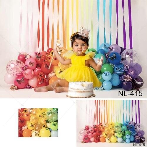Girls Cake Smash Birthday Backdrop Photography Colourful Ribbon Balloon Flowers Butterfly Decor Spring Child Portrait Background