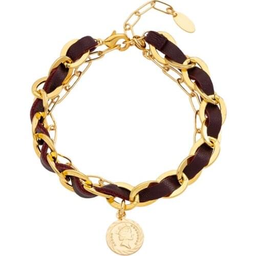 Jaeeyin 2021 Trendy Twist Leather Coin Pendant Charm Multi-Layer Bohemia Bracelet Two-In-One Necklace Gift For Girlfriend Women