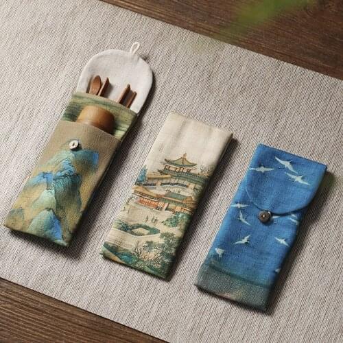 Creative Bamboo Tea Utensils with Cotton and Linen Storage Bag Office Kung Fu Tea Set Accessories Tea Clip Six Gentleman Teaware