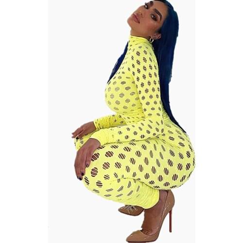 2021 Summer Womens Solid Sexy Hollow Out Badycon Jumpsuits Long Sleeve Turtleneck Zippers Sports Bodysuit Skinny Sports Suit