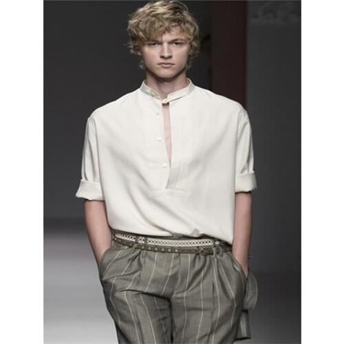 Nine-Sleeve Mens Shirt Summer New High-end Bamboo Fiber Slim Large Size Casual Business Stand Collar Shirt