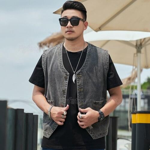 Big Size Mens Vest Loose Casual Denim Waistcoat Simple Design Size L-8XL Motorcycle Sleeveless Jacket For 150kg Fat Guy