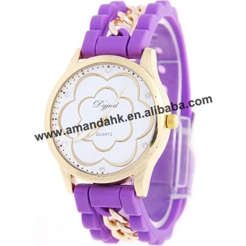 New Fashion Women Silicone Chain Big Flower Watch Gold Case Quartz Wrist Watch Hot Sale Women Dress Watches jd 474