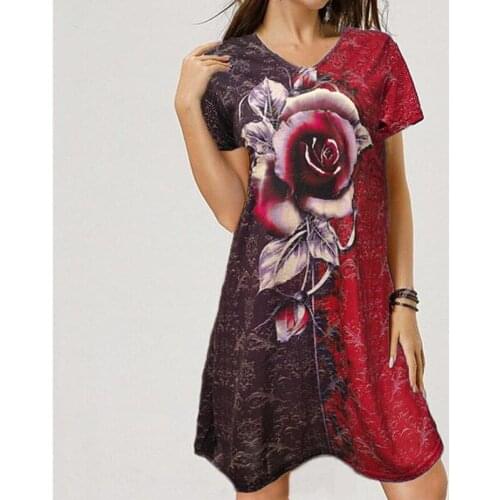 Womens Fashion Party Dresses Summer Short Sleeve V-Neck Rose Printed Loose Pullover Dress Plus Size