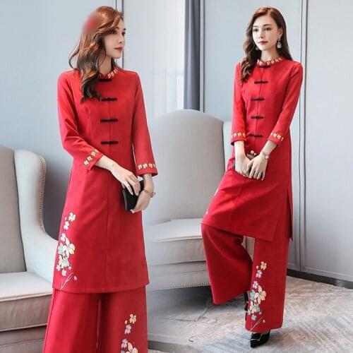 Retro Elegant Woman Pants And Blouse Set 2019 Womens Two Piece Sets Long Cheongsam Top+Wide Leg Pants Suits Elegant Woman AA5230