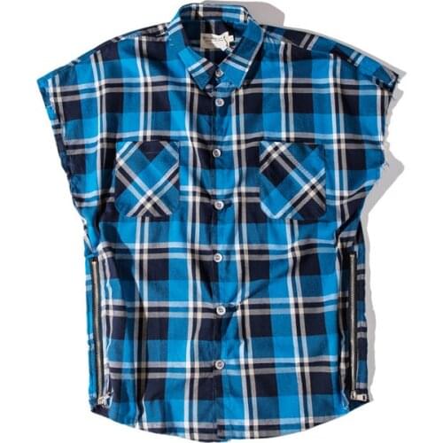 Justin Bieber Streetwear Hip-Hop Oversize Flannel Plaid Sleeveless Shirt Mens Youth Hip Hop Loose Retro Side Zipper Tartan Shirt