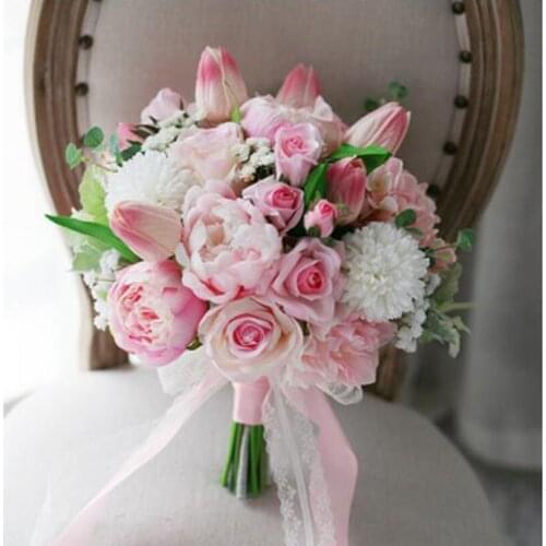 SexeMara Pink tulip Handmade Peony Artificial bride Bouquet Pink Peony Holding flowers Bridesmaids Pink Peony Bouquet bridal
