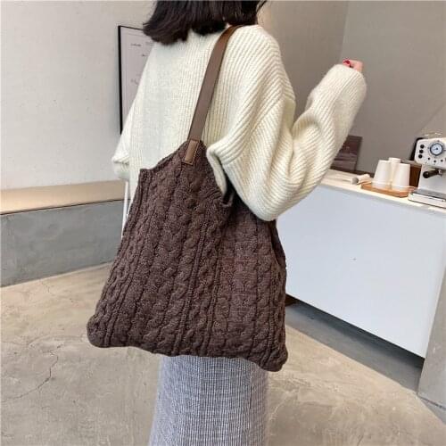 Wool Weave Bag Autumn Winter Tote Bag Vintage Korean Ladylike High-Capacity Handbag Shopping Bag Mori Girl Knitting Bag