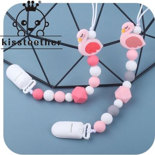 Kissteether Cartoon Flamingo Pacifier Clips Chain Crown Silicone Bead Dummy Chain Newborn Attache Sucette Kids Molar Chains Gift