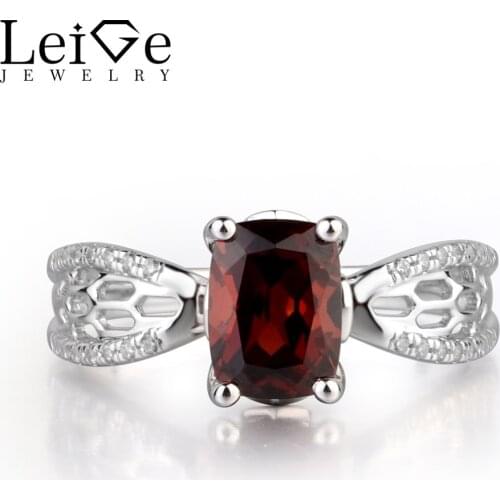 Leige Jewelry Natural Red Garnet Gemstone Cushion Cut Prong Setting Hollow Rings Trendy Gifts For Woman January Birthstone