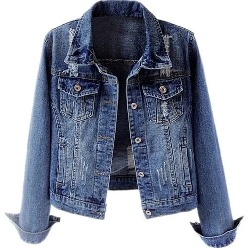 Short Jeans Coat Women Spring Autumn Long-Sleeve Fashion Wild Hole Denim Jacket Casual Plus Size Outerwear Ladies Tops 6XL D2085