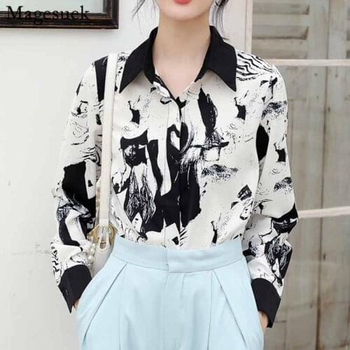 Women Long Sleeve New Fashion Loose Blouse Black and White Color Print Vintage Ink Flower Shirt Blusas Mujer De Moda 2020 11460
