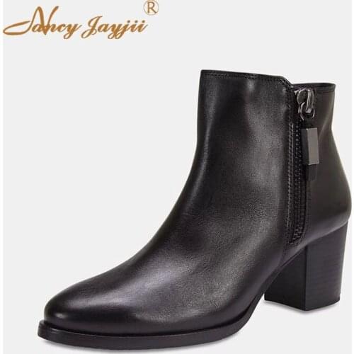 Women Adult Boots Ladies Shoes Ankle zipper Round Toe Super High Square heels Mature Concise Fashion Elegant 2019 6cm~8cm