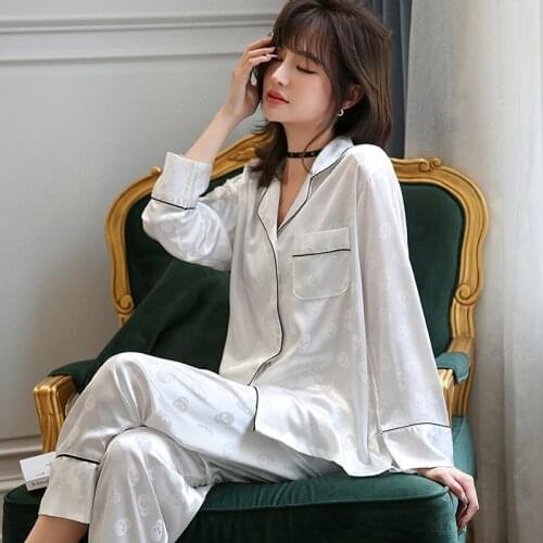 Women Satin Pajamas Set Print 2PCS Sleepwear Spring Autumn Shirt&Pants Female Silky Sleep Set Casaul Pyjamas Suit
