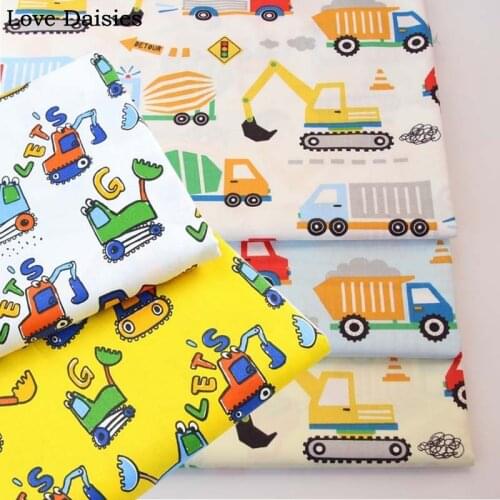 100%Cotton Twill Cartoon BLUE WHITE YELLOW Car Truck Party Excavator Fabric for Kid Bedding Cushion Apparel Handwork Decor Craft