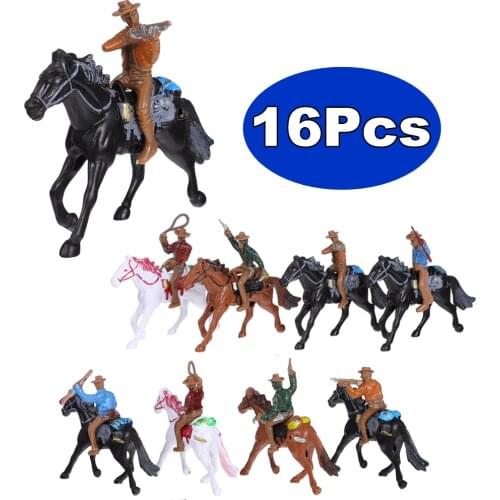 16Pcs Westward Cowboys Figure Western Soldier Horses Plastic Model Set Children Toys Ornaments Realsitic Figures Boys Kids Gift