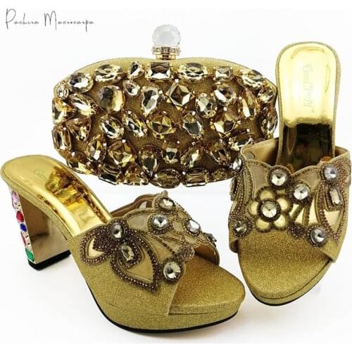2021 Hot Selling Nigerian Fashion Style Italian Design Gold Color Women Shoes and Bag Set With Colorful Rhinestone Decoration