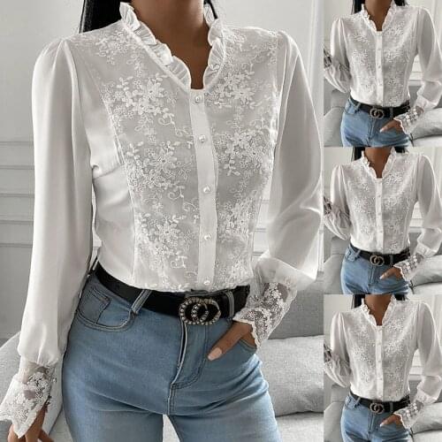 Women Lace Blouses Fashion Button Stand Collar Shirts Autumn Elegant Embroidery Floral Casual Lady Long Sleeve Patchwork Tops