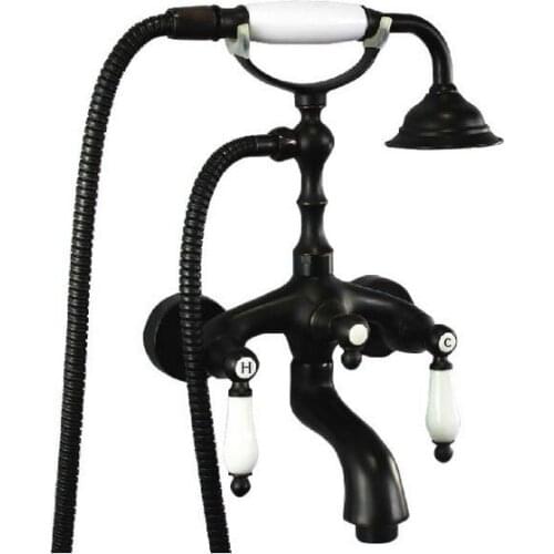 Black Oil Rubbed Brass Double Ceramic Handles Wall Mounted Claw Foot Bathroom Tub Faucet Mixer Tap With Handshower mtf039