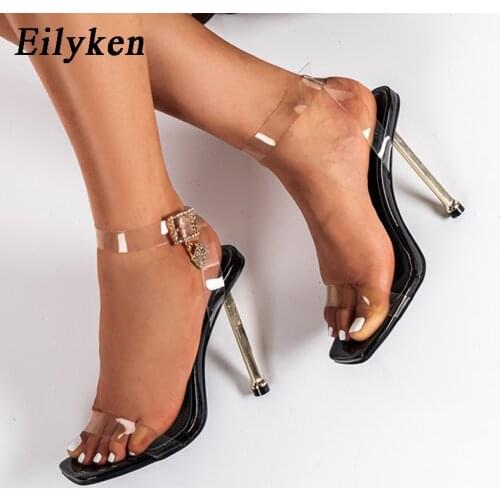 Eilyken New PVC Transparent Jelly Sandals Fashion Crystal Rhrinestone Buckle Strap Women Party Wedding Shoes Stiletto Heels