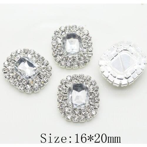 Hot sale 16*20mm Rectangle Double row shiny rhinestone button metal baby button Wedding inviations hair flower center decoration