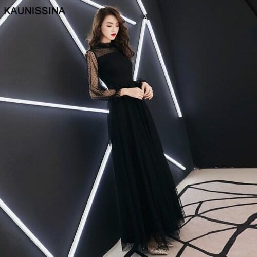 KAUNISSINA Black Evening Dresses Women Long Party Gowns Long Sleeve Floor Length Elegant Long Formal Gowns Prom Dress