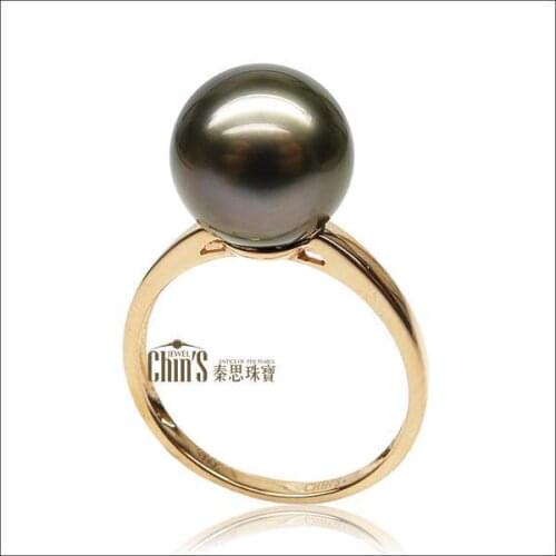 AAA 9-10mm Black Green Genuine Tahitian Pearl Solitaire Ring 18K Solid Rose Gold