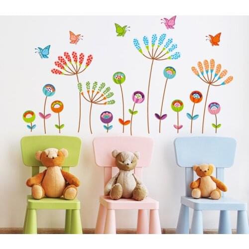 Colorful cartoon flower decor sticker PVC Material DIY Butterfly flowers wall decals For kids room kindergarten wall sticker