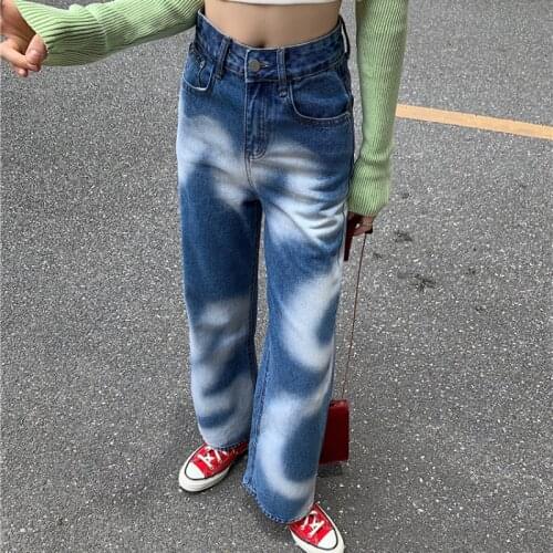 JMPRS Fashion Tie Dye Women Jeans Streetwear High Waist Blue Autumn Straight Denim Pants Casual Loose Pocket Female Jean Trouser