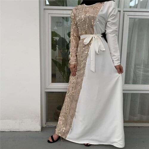 Sequined beading muslim Dress Smooth Silky Elegant Long Dresses Muslim abayas female tassel stiting Clothing Islamic robes F1982