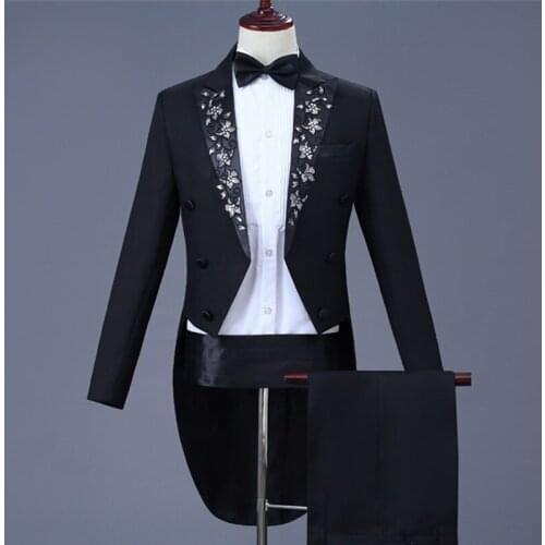 Mens Suits Magician Swallowtail Costume Black Embroidery Tailcoat Prom Host Singer Chorus performance Clothing Wedding Dresses