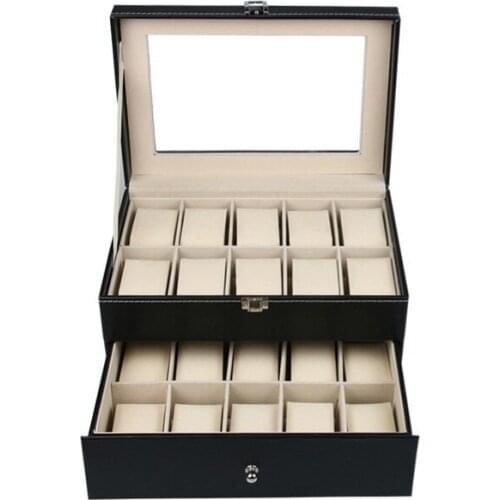 20 Slots Antique Black Watch Travel Case PU Leather Box Collector Organizer Jewelry Storage Regarder Visual Double Layers