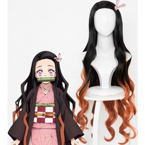 Anime Demon Slayer Kamado Nezuko Cosplay Long Black With Orange Wig Heat Resistant Synthetic Hair Wigs+Wig Cap