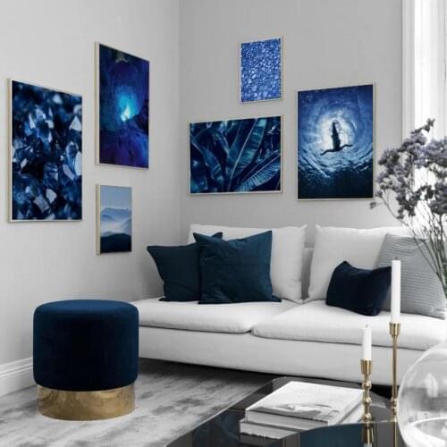 Nordic Posters and Prints Blue Ocean Girl Diving Crystal Cave Mountain Leaves Landscape Canvas Painting Wall Art Home Decoration