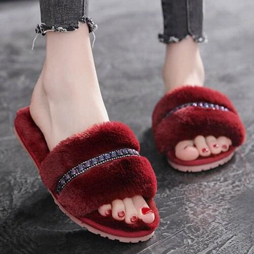 Faux Fur Slides For Women Soft Home Slippers Winter Rhinestone Plush Slippers House Ladies Slipper Girls Indoor Shoes qq965