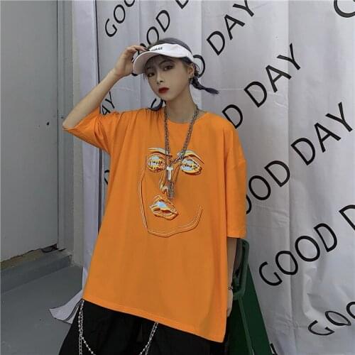 2021 new summer short-sleeved T-shirt female Korean retro personality printing wild loose fashion mid-length round neck top