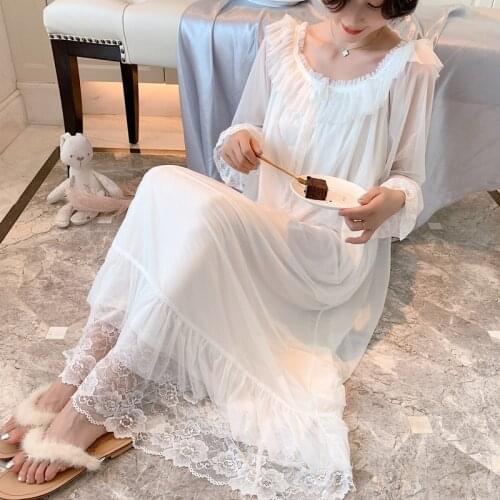 Loose Nightgown Lady O-Neck Sleep Gown Womens Mesh Nightwear Long Sleeve Pyjama Lounge Dress Robe Summer Nightshirts Nighties