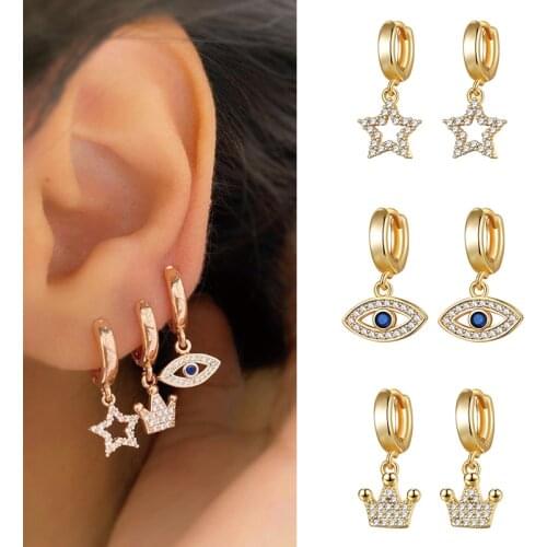 CRMYA Star Crown Evil Eye Gold Silver Plated Drop Earrings For Women CZ Zircon Dangle Earring Fashion Jewelry