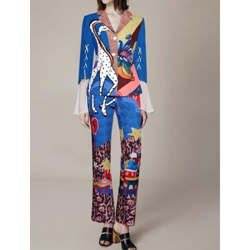 2021 Newest Stylish Designer Runway Suit Set Womens Flare Sleeve Novelty Print Blazer Pants Suit