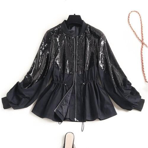 Womens trench coat jacket 2021 spring new plus size fashion trend sequin stitching drawstring waist black jacket women