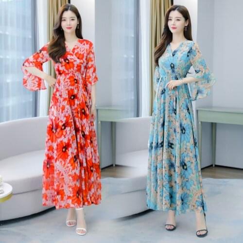 2021 New Beach Vintage Chiffion Floral M-4XL Party Plus Size Womens Robe Casual V-Neck Female Summer Long Soft Vestidos Dresses