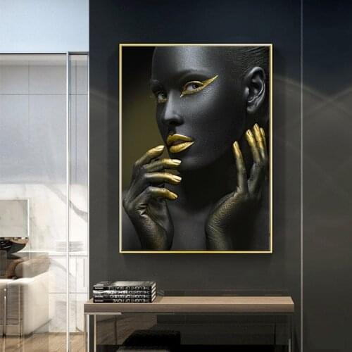 Africa Black Woman Gold Lips Finger Eyes Nude Oil Painting on Canvas Poster and Prints Cuadros Wall Art Picture for Living Room