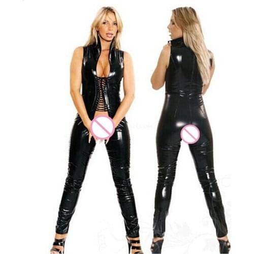 Black PVC Patent Leather Sexy Sleeveless Open Crotch Jumpsuit Night Club Bar DS Show Temptation Game Uniform