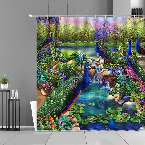Chinese Bird Peacocks Shower Curtain Green Plants Flowers Feather Trees Stone River Landscape Home Decor Cloth Bathroom Curtains