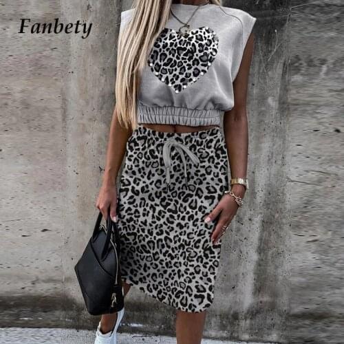 Office Lady Fashion Elegant Skirt Suits Summer Women Leopard Print Tops & Casual Drawstring Skirts Outfits Loose Two Piece Sets