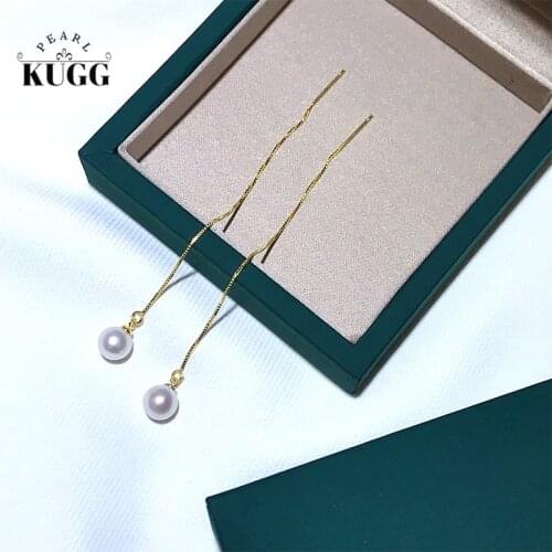 KUGG PEARL 925 Sterling Sliver Earrings Natural Fresh Water Pearl Earrings Long Box Chain Drop Design Handmade Pearl Jewelry