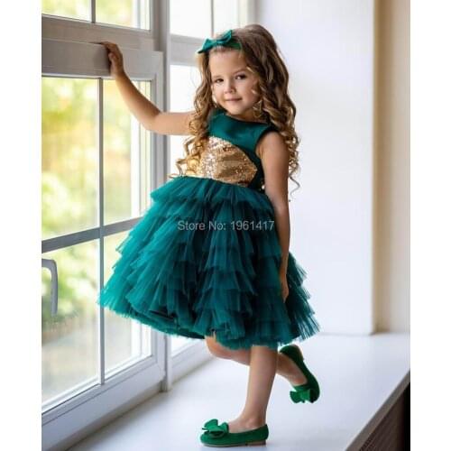 Cute Little Girls Birthday Party Gowns Short Sleeves Tiered Ruffles Green Tulle Satin With Sequined Celebration Gown Custom Made